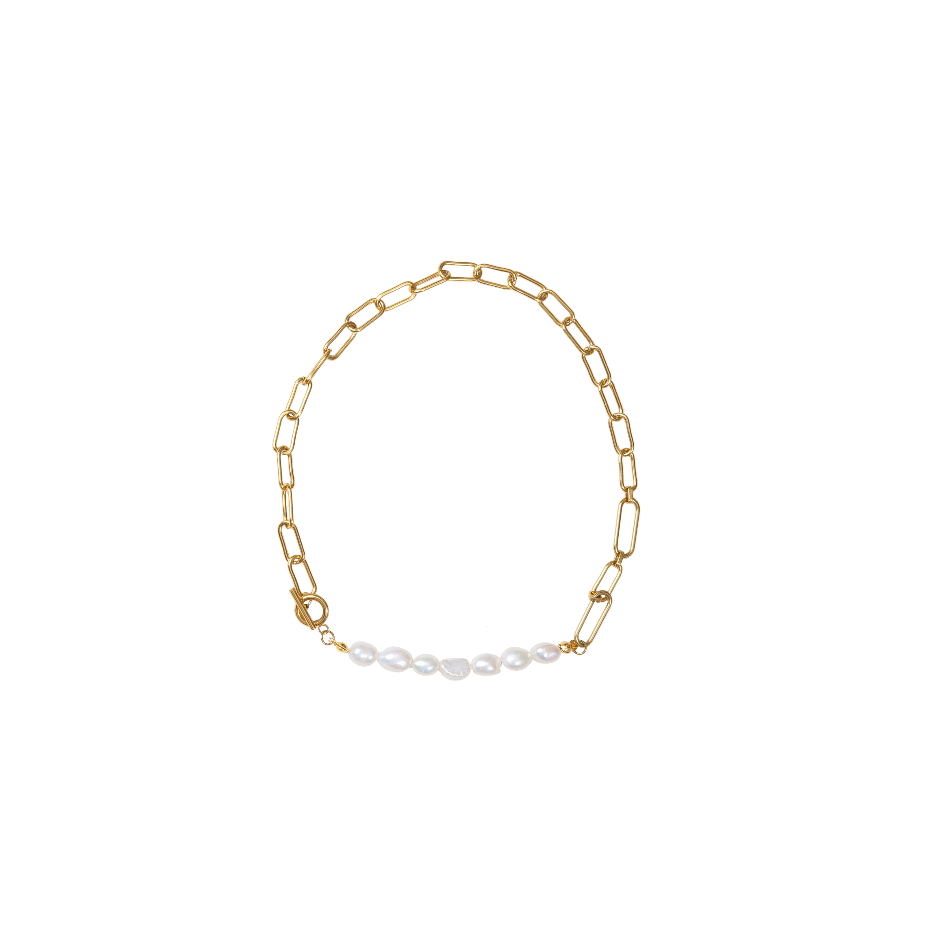 Add a touch of class to any outfit with this freshwater pearl toggle necklace. This elegant necklace gives a rich, classic look and will never go out of style.  18K gold plated on stainless steel. Length: 16”