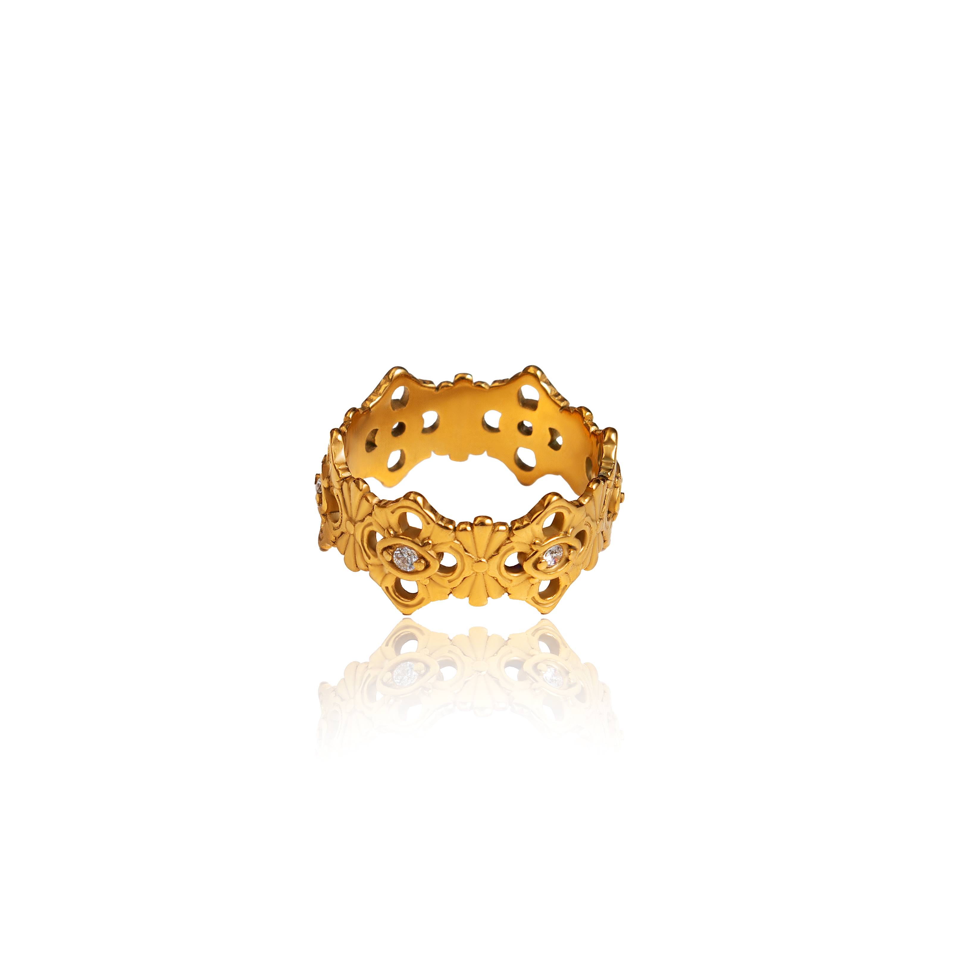 A vintage inspired design is spotted with small stones for a hint of sparkle, making this ring the perfect piece for your wardrobe.  18k gold plated on stainless steel. Available in size 6, 7, 8