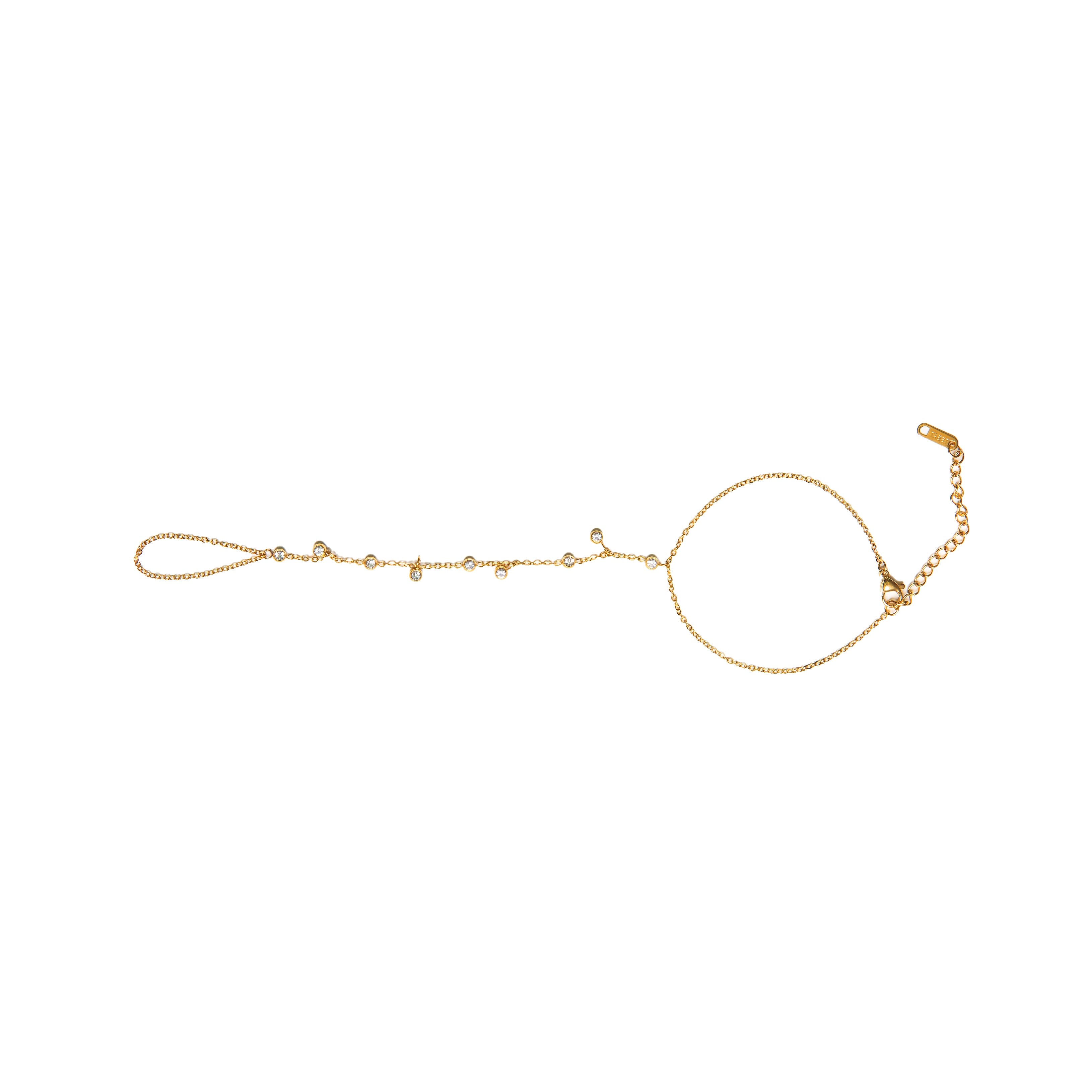 A lovely hand chain that is perfect for special occasions to bring a touch of royalty to your hands.  18K gold plated on stainless steel. Length: 7" Extender: 2" One size fits most