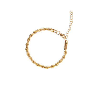 Sitting pretty upon your wrist, our beautiful bracelet with rope chain design is sure to elevate your style. Throwing your old arm candy away just got so much easier.  18K gold plated on stainless steel. Length 7"  Extender 2"