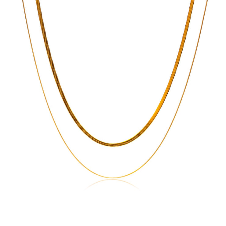 This necklace is a two layer set. Chic yet simple necklace for the minimalist. inner length: 36CM. outer length: 40CM. extender: 5CM. 18k gold plated on stainless steel.This product is hypoallergenic and tarnish resistant 