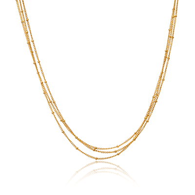 This necklace features a multilayer little beads chain design, lightweight and comfortable to wear.  18k gold plated on stainless steel. Length: 13” Extender: 2”