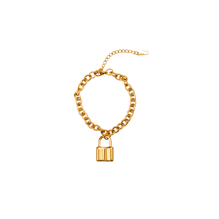 Complete your look with our chic padlock bracelet, designed to be worn on its own or stacked with your favorite bracelets. You can also wear together with our Bella necklace. 18k gold plated on stainless steel. Length: 7” Extender: 2" Pendant: 0.6*0.8"