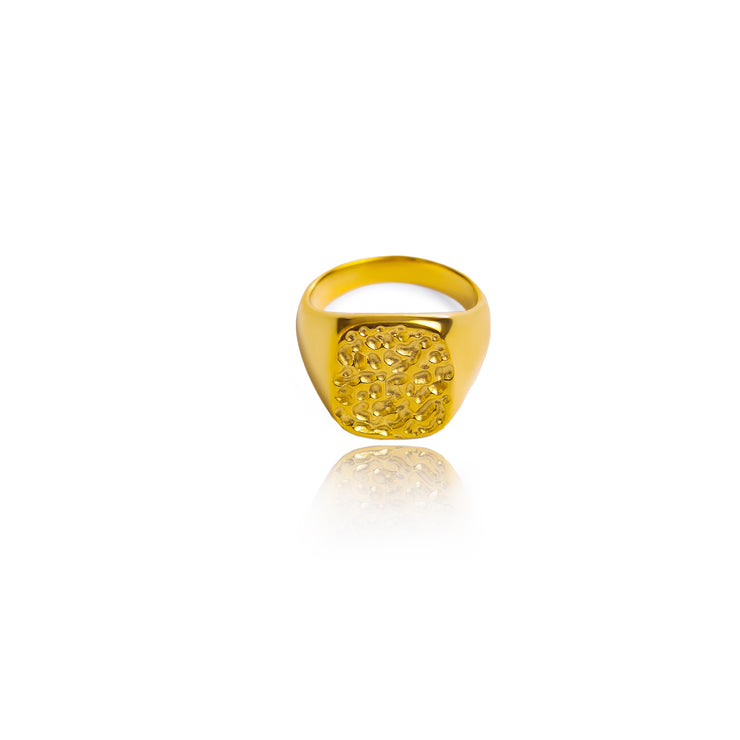 Your new favorite gold jewelry has arrived in the form of a simple ring. Made with a hammered texture, The Sea Ring is an eye-catching and elegant piece that will look good with anything.   18k gold plated on stainless steel. Available in size 6, 7, 8 This product is hypoallergenic and tarnish resistant.