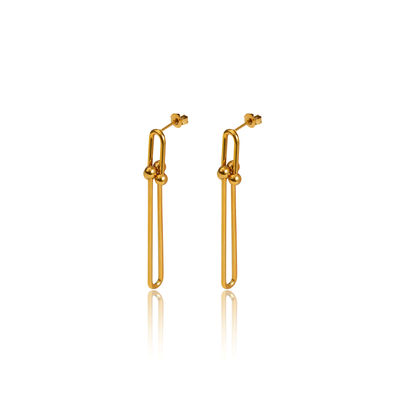 These earrings are sleek and modern, the perfect thing to add class to your formal outfit.  18k gold plated on stainless steel. Height: 2”
