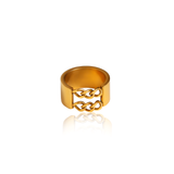 Thick golden chain accent on gold statement ring.The perfect everyday ring that adds a touch of texture and interest to any outfit.  18k gold plated on stainless steel. Available in size 6, 7, 8