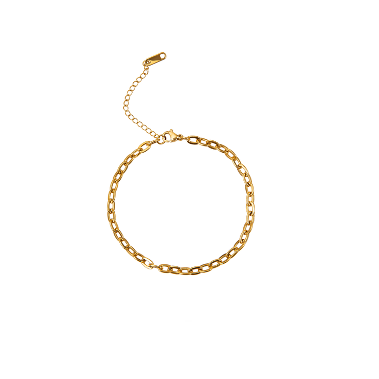 The perfect anklet that go with everything. Enjoy the unique yet classic design and make a statement wherever you go!  18k gold plated on stainless steel. Length: 8” Extender: 2”