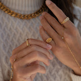 Pinkies need some love, too! Our PRESS PINKY RING is the piece you didn't know you needed. Wear it everyday to add a little something extra to your look.  18k gold plated on stainless steel. Available in size 3, 4, 5, 6, 7, and  8 All the rings come in a beautiful jewelry pouch.
