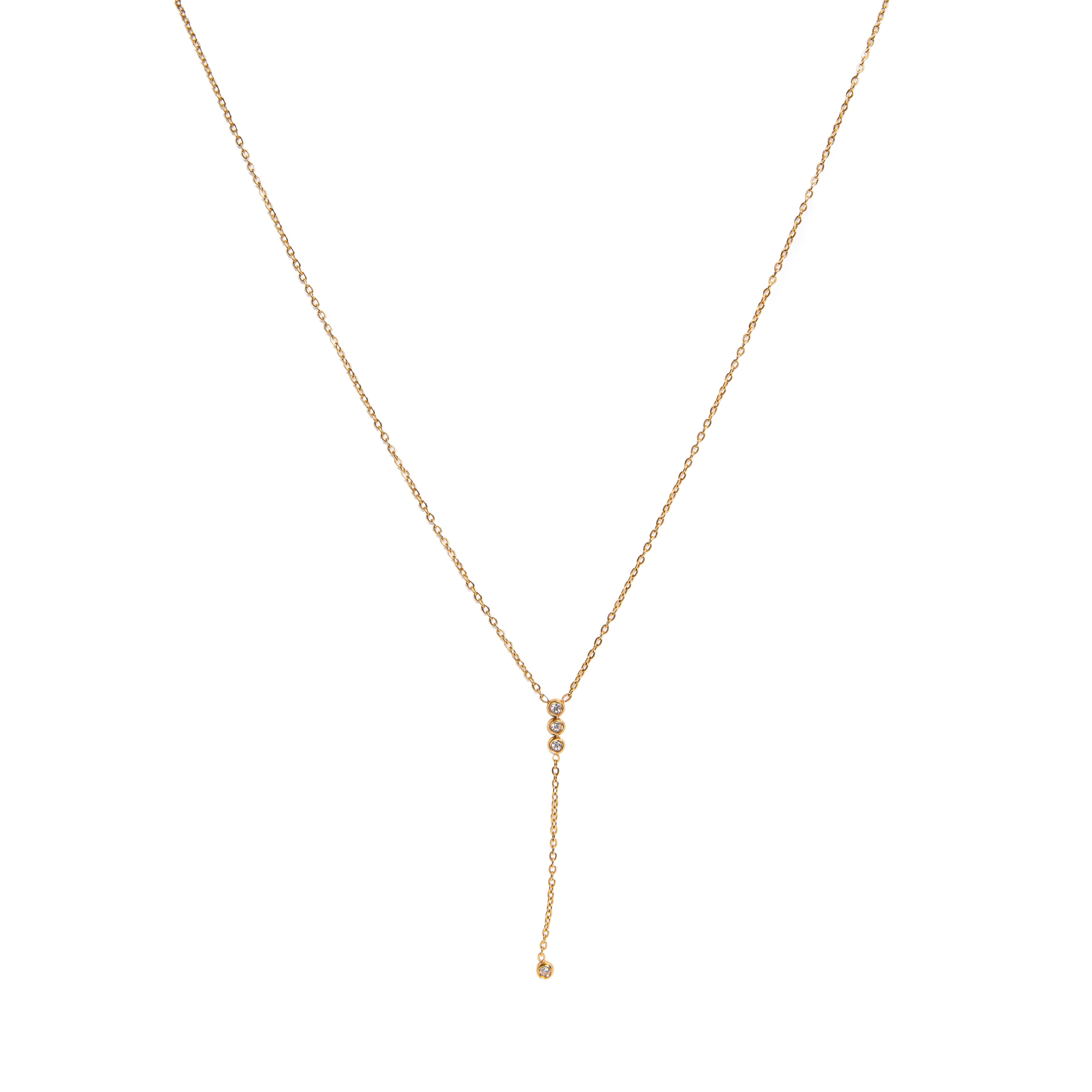 Our SIMPLE LARIAT NECKLACE was made for all you necklace stack lovers. It's simple but features three cubic zirconia (CZ) stones at the focal point to add a pop of sparkle. Wear as is, or layer it with our SENSE or AURA NECKLACE.  18k gold plated on stainless steel. Length: 18” Extender: 2” All the necklaces come in a beautiful jewelry box.