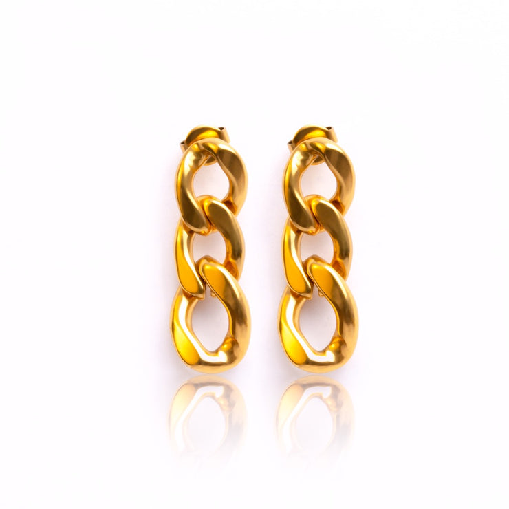 Beautiful gold chain earring is ideal for the fashionista on the go. Chain drops from the ear. It is simple easy chic to pull off any look ,great addition to your jewelry collection.   18k gold plated on stainless steel 3.5CM tall This earring is tarnish and rust resistant 